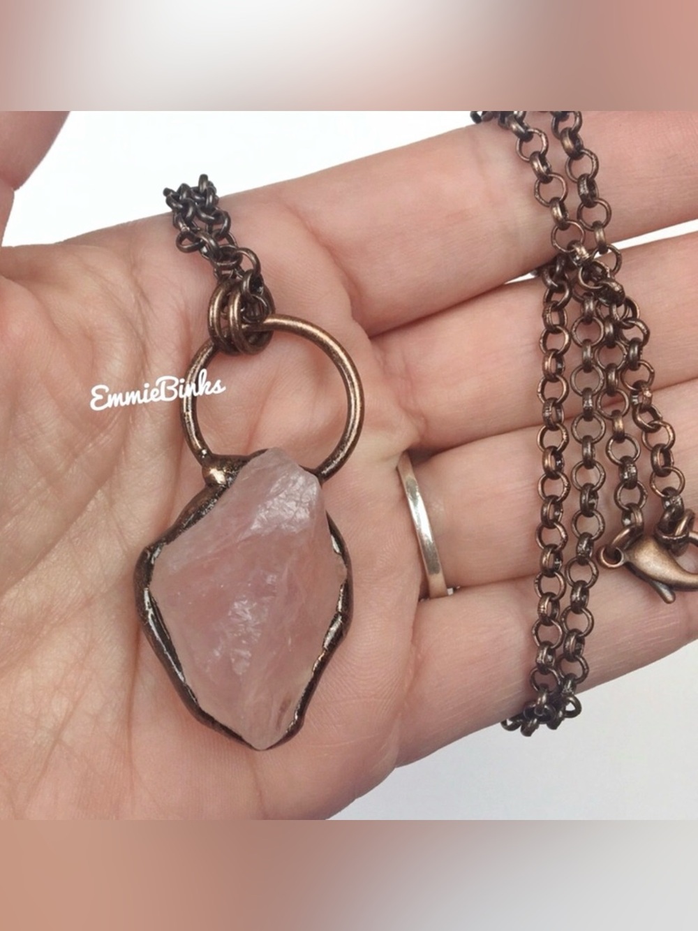 New Genuine Rose Quartz Chunk & Copper Link Chain Geometric Pendant Necklace